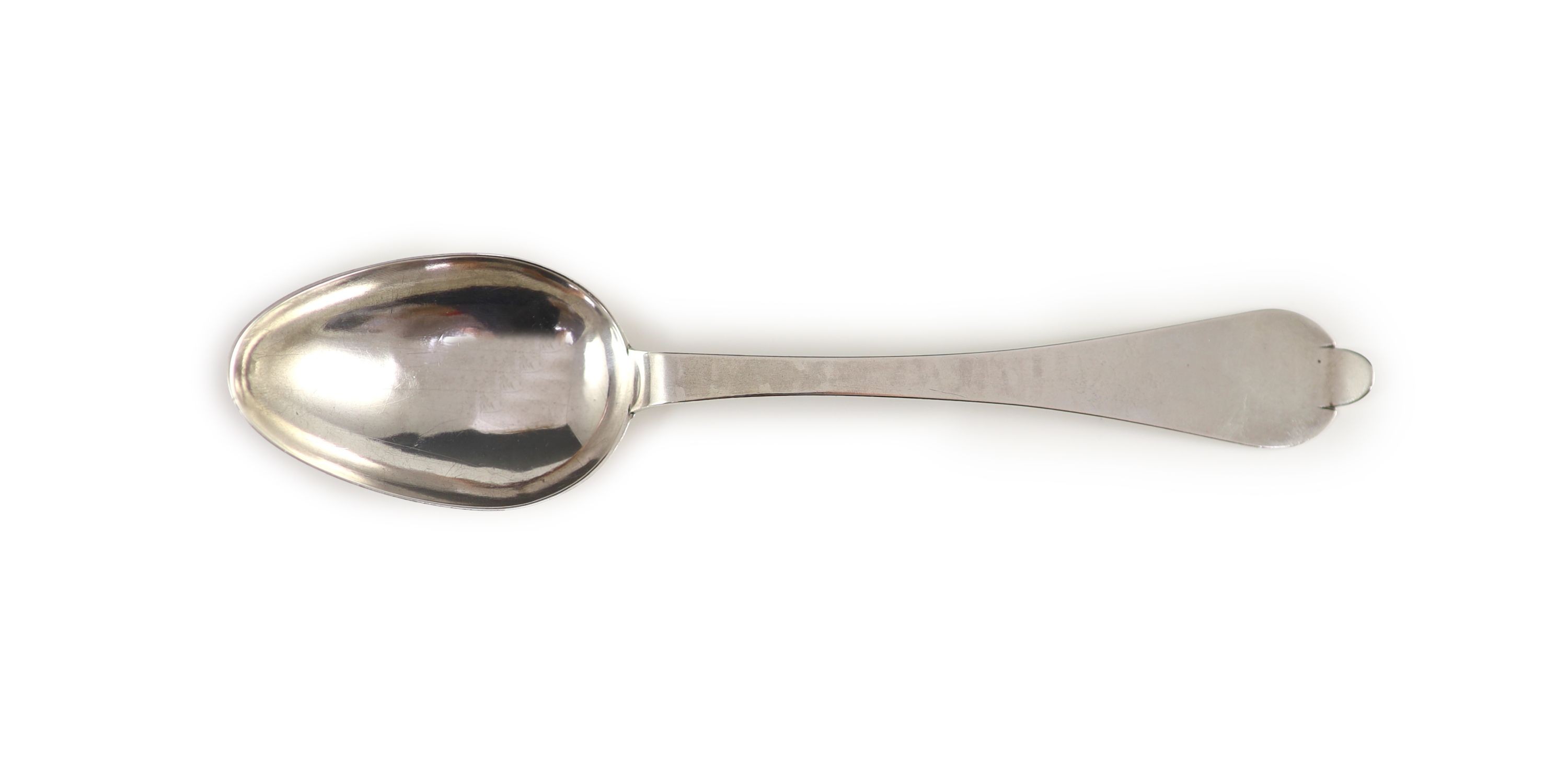A George III Channel Islands silver trefid spoon, initialled ‘I HM’ over attributed to Jacques Quesnel, marked ‘I.Q’, c1780, 19cm long, 1 oz.
